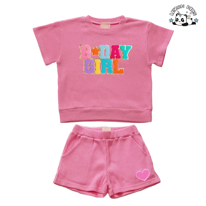 LEZONKIDS - Customizable High Quality  Waffle Cotton T Shirt Summer Shorts Girls Summer Clothing Set